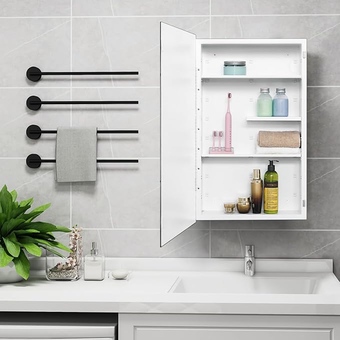 Fundin White Medicine Cabinet Recessed or Surface Mount, Bathroom Medicine Cabinet with 18 x 30 Beveled Mirror and Adjustable Staggered Shelves, Wall Mount