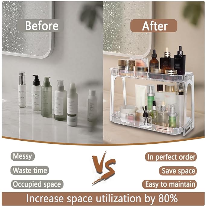 VNIMTI Skincare Organizers 2 Tier, Makeup Organizer Countertop, Cosmetic Display Cases, Makeup???Skincare Organizer for Vanity, Desktop, Bathroon, Ideal for Women (Free Standing - Clear)