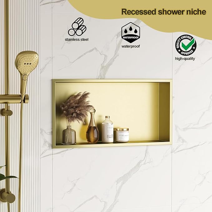 Neodrain Shower Niche, Insert Bathroom Storage Shower Shelf, Stainless Steel Recessed Wall Niche No Tiled Recessed Cabinet Waterproof for Shower Storage(Gold,24"x12")