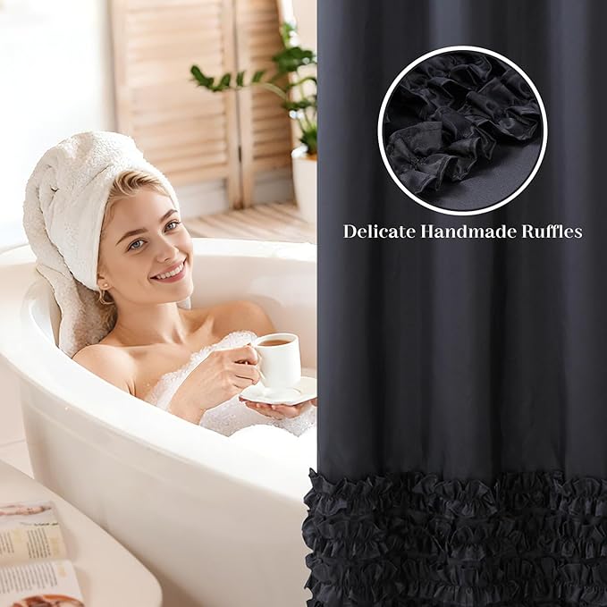 Black Ruffle Shower Curtain, Girls Women Fabric Shower Curtain with Delicate Handcrafted Ruffles, Waterproof Ruched Farmhouse Decorative Bathroom Curtain, 72" W x 72" H