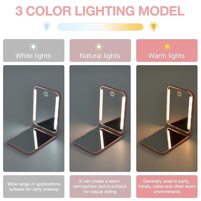 Kintion Rechargeable Pocket Mirror with Light, 1X/3X Magnification Compact Mirror, 3 Color Lights, Small Portable Lighted Travel Mirror for Women Gifts, Pink