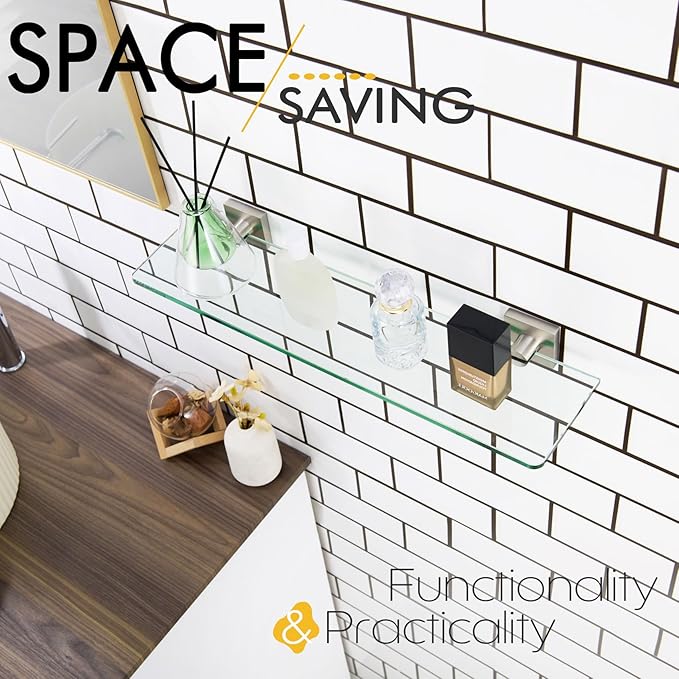 KOKOSIRI Floating Shelves Wall Mount 20-Inch Bathroom Tempered Glass Shelf Shower Storage Kitchen Rack, 2 Pack Brushed Stainless Steel B1107BR-L20-P2