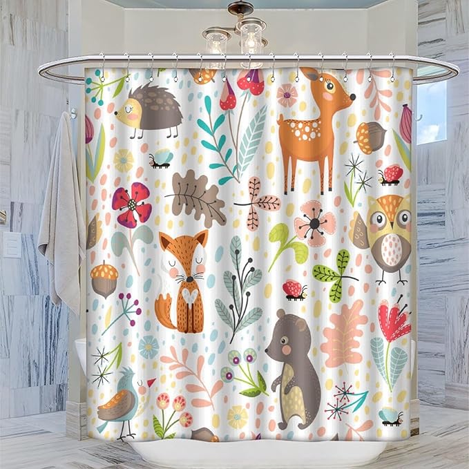 Kids Baby Woodland Shower Curtain Animals Cartoon Girls Children's Cute Cartoon Funny Colorful Weeds Plants Fox Waterproof Fabric Bathroom Decor 72x84 Inches(183x214cm), Style-13