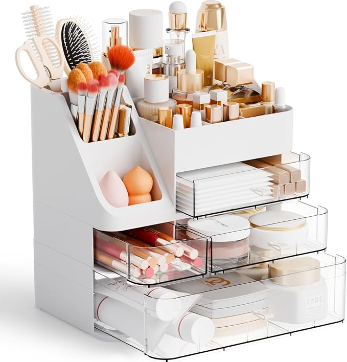 Yieach Countertop Makeup Organizers With Brush Holder,Big Skincare Organizers for Vanity,Dresser,Bathroom,Plastic Cosmetics Storage Organizer with 4 Drawers for Lotion,Beauty,Hair Product & Tool,White