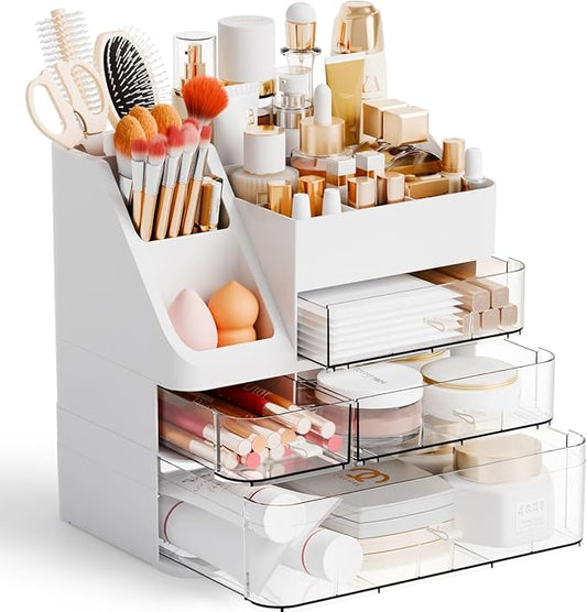 Yieach Countertop Makeup Organizers With Brush Holder,Big Skincare Organizers for Vanity,Dresser,Bathroom,Plastic Cosmetics Storage Organizer with 4 Drawers for Lotion,Beauty,Hair Product & Tool,White