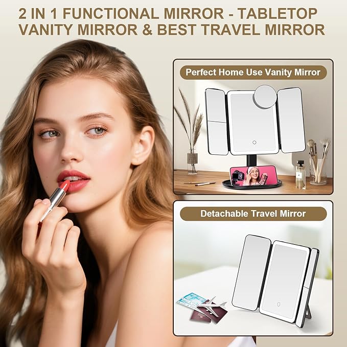 Mocado Makeup Mirror with Lights, 20X/7X/3X Magnifying Mirror with Light,Rechargeable & Height Adjustable Lighted Makeup Mirror,Vanity Mirror with 3 Colors Lights,Detachable Design for Travel(Black)