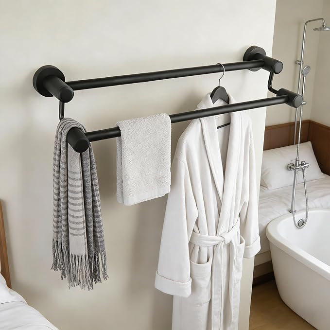TocTen Double Bath Towel Bar - Thicken SUS304 Stainless Steel Towel Rack for Bathroom, Bathroom Accessories Double Towel Rod Heavy Duty Wall Mounted Towel Holder (Black,24IN)