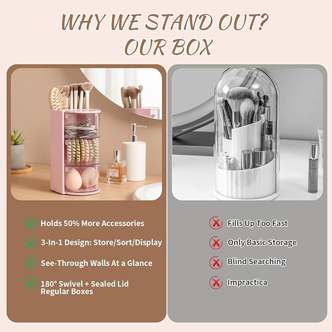 Rotating Makeup Organizer with Brush Holder & Hair Clip, 3-Tier Spinning Cosmetic Storage Case for Women, Large Capacity Toiletry Bag for Travel, Pink