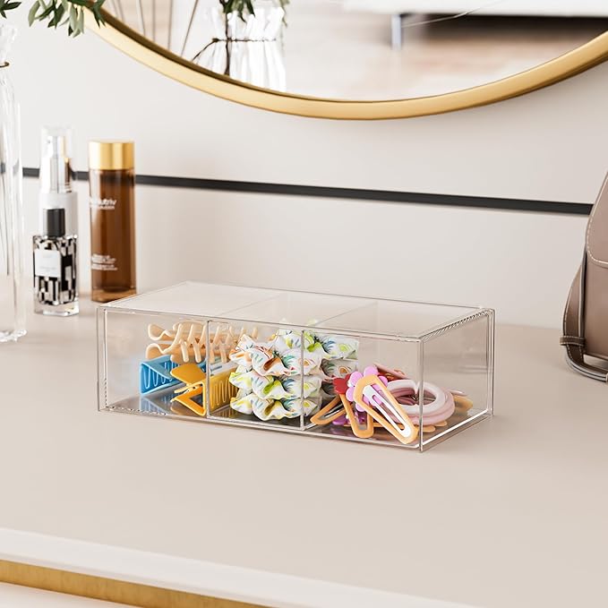 Hair Accessories Organizer for Girls, Clear Hair Bow Tie Clip Scrunchie Holder Organizer with Removable Divider, Cute Small Stackable Storage Drawer Container Caddy Box, Kids Women Vanity Accessories