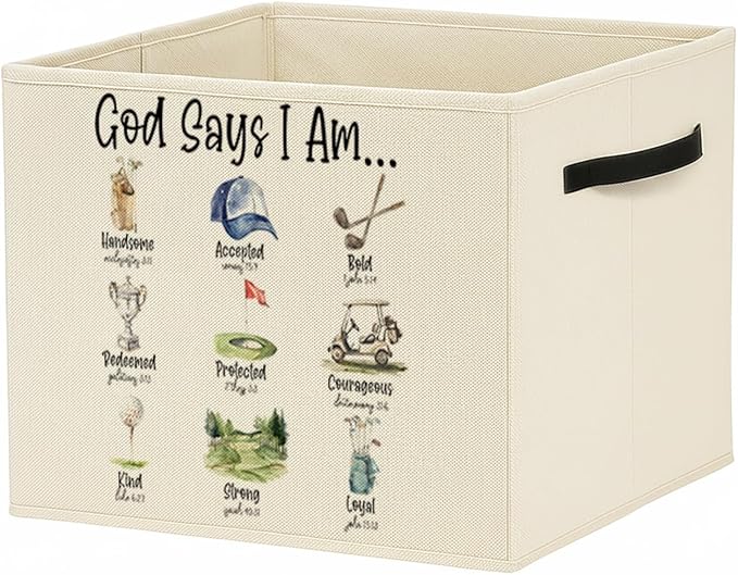 Christian Golf Storage Bin Box with Handles, God Says I Am Bible Verse Golf Foldable Baskets Organizer for Kids Room Nursery Bedroom Bathroom Clothes Toys Books, Toybox for Boys
