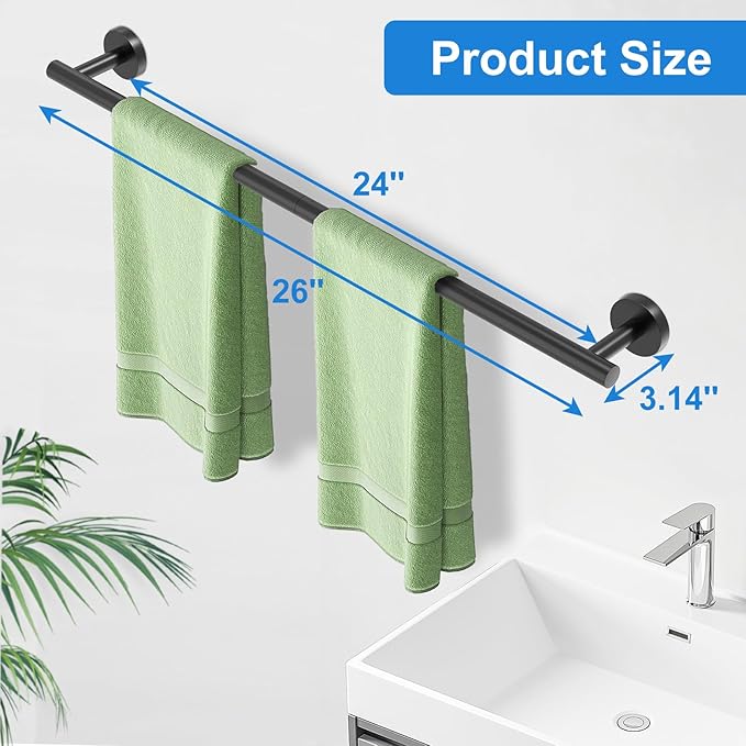 Matte Black Towel Bar, 24 Inch Bathroom Towel Rack, SUS304 Stainless Steel Towel Rod for Bathroom, Total Length 26-Inch Wall Towel Holder, Modern Home Decor