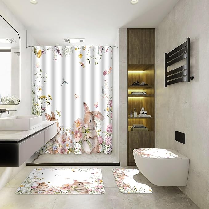 MEHOFOND 4pcs Easter Shower Curtain Sets Spring Easter Bunny Shower Curtain Set for Bathroom Cute Rabbits Floral Plant Watercolor Flower Bathroom Decor with Non-Slip Rugs Toilet Lid Cover and Bath Mat