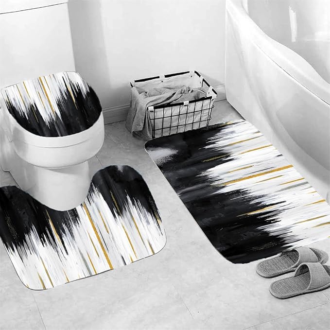 NBVKO 4PCS Black Oil Painting Style Shower Curtain Set with Non-Slip Rugs,Toilet Lid Cover and Bath Mat,Bathroom Decor Accessory Set