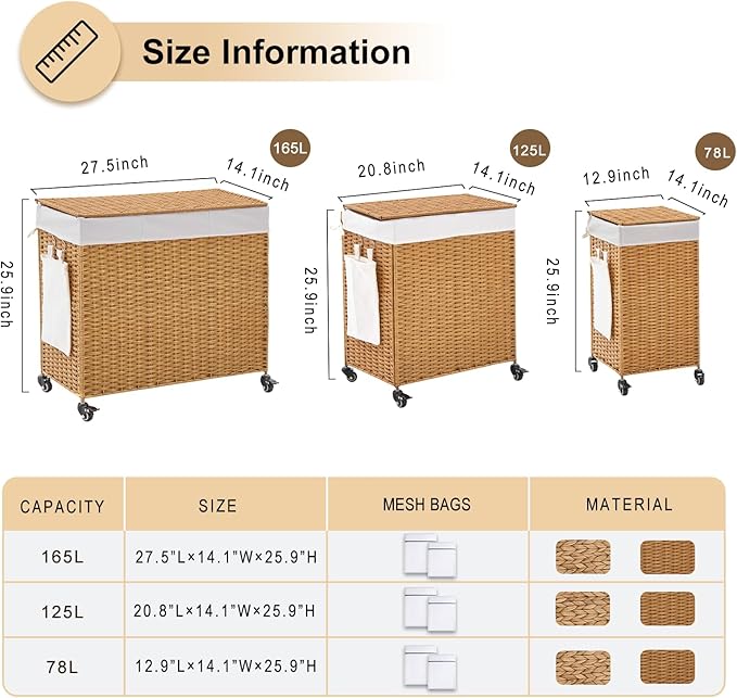 Handwoven Hamper with Lid, Laundry Basket with Wheels, Machine Washable Liner, 3 Section Clothes Hamper for Bathroom Laundry Room Bedroom, Rattan, 165L