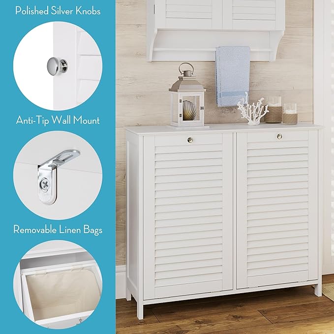 RiverRidge Ellsworth Double Tilt-Out Laundry Hamper Cabinet - Laundry Room Storage Cabinet with Removable Cloth Bag and Shutter Style Doors