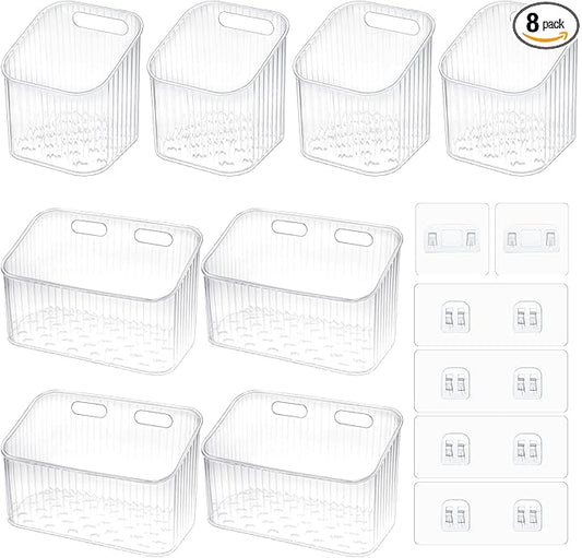 8 Pcs Clear Wall Basket, Wall Mounted Storage Bins Cabinet Door Organizer Plastic Shower Caddy with Self-Adhesive Hanger, Large Containers Box for Bathroom, Kitchen, Pantry, Countertop, No Drill Shelf