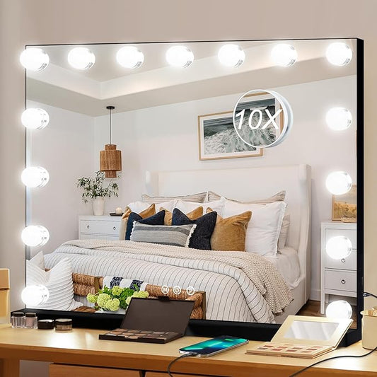Moonee Black Vanity Mirror with Lights, Hollywood Lighted Makeup Mirror with 15 Dimmable Bulbs and 10X Magnification, 3 Colors Modes, Aluminum Metal Frame, Light Up Mirror for Tabletop/Wall（23" x 18"）
