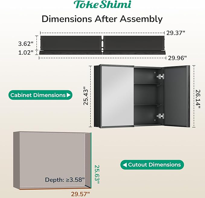 TokeShimi 30 x 26 Medicine Cabinet Mirror for Bathroom, Assembly Required, Black Recessed Medicine Cabinet with Mirror, Stepless Adjustable Shelves, Beveled Aluminum Frame, Tempered Glass