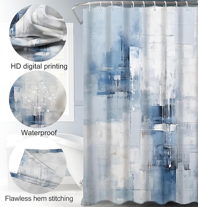 Lnond 4Pcs Bathroom Shower Curtain Sets with Rugs,Blue Grey Watercolor Painting Art Bathroom Sets with Shower Curtain and Rugs and Accessories