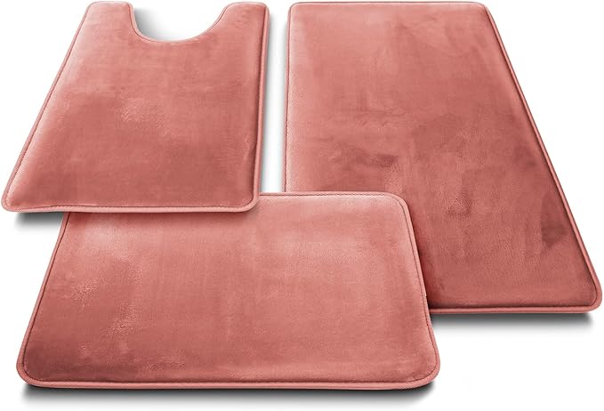 Clara Clark 3 Piece Bathroom Rugs Bath Mat Set, Velvet Memory Foam Bath Mats for Bathroom - Non-Slip, PVC Backing Bath Rugs, Washable - Dries Quickly, Rose