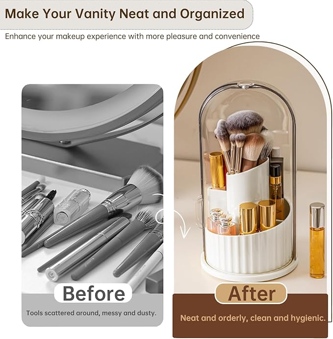 Makeup Brush Holder Organizer with Lid, 360 Rotating Dustproof Transparent Makeup Brushes Organizer for Vanity Dresser Bathroom Countertop(White with Clear Cover)