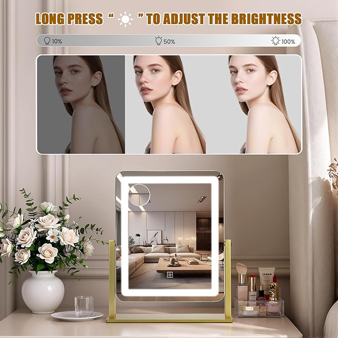Vanity Mirror with Lights, 15"×12.2" Large LED Makeup Mirror with Light, HD Mirror, Smart Touch with 3-Color Lighting, Dimmable, 360° Rotation, Lighted Up for Vanity Desk Tabletop, Bedroom (Gold)
