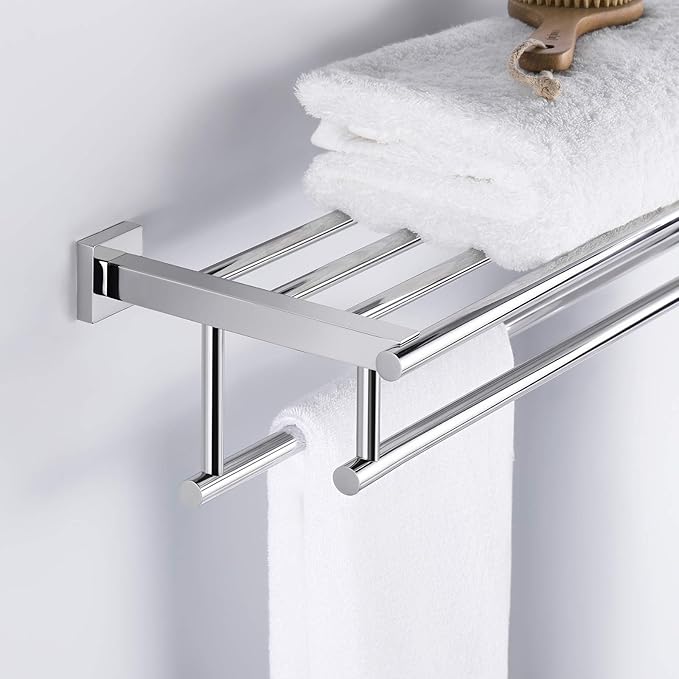KES Large Towel Rack, Towel Shelf with Two Bar (29.37Inch Stainless Steel) Shower Organizer Modern Square Style Wall Mount Polished Finish, A2112S75