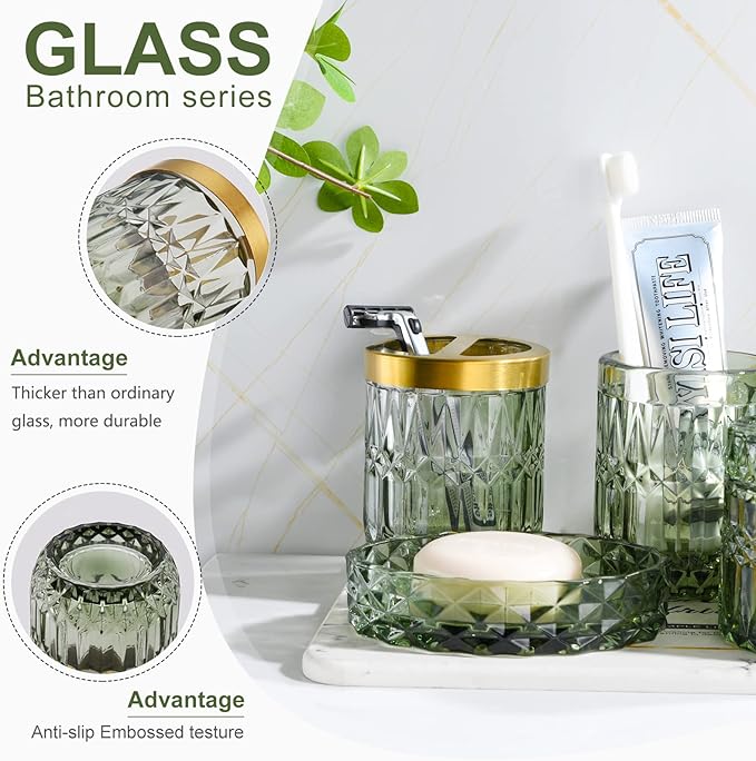 LaMarriti Green Bathroom Accessories Set, 5Pcs Clear Glass Bathroom Set Accessories, Soap Dispenser, Soap Dish, Toothbrush Holder Set, Tumbler, Qtips Holder for Vintage Crystal Bath Decor