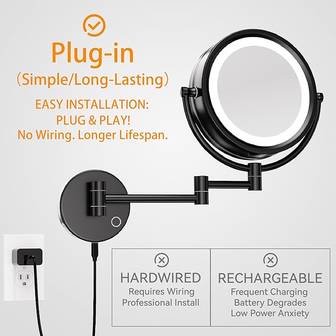 GURUN 8.5 Inch Magnifying Makeup Mirror with 3 Dimmable LED Lights Double Sided Touch Control Vanity Mirror for Bathroom with 10X Magnification Black Finish M1809D(Black/10X)