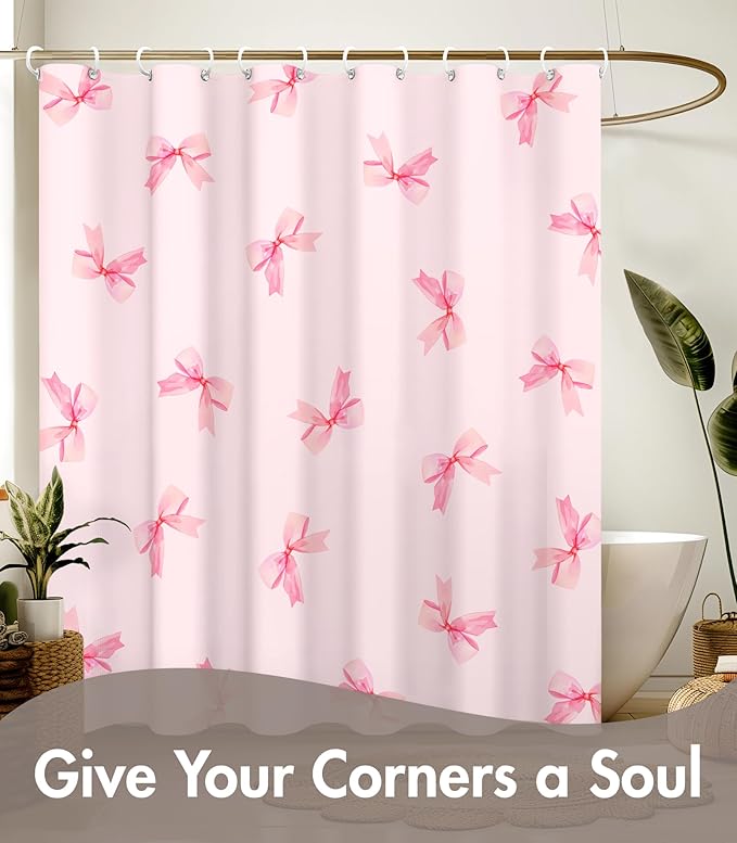 MAMUSE Shower Curtain for Bathroom - Cute Aesthetic Decorative Modern Girly Unique Girls Design Pretty Women Waterproof Fabric Cloth Cortinas de Baño Bathtub 72 x 72 Inch, Pink Bow
