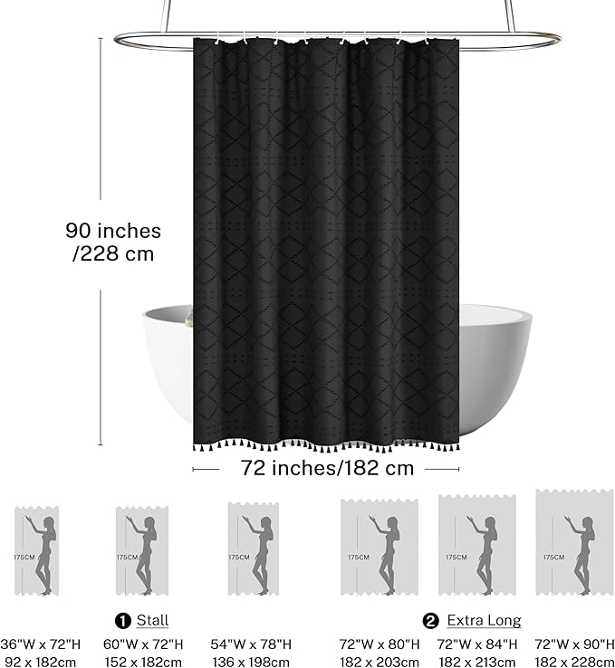 Extra Long Black Woven Fabric Boho Shower Curtain with Tassels 72 x 90 Modern Farmhouse Minimalist, Tufted Chevron Textured Striped Shabby Chic, Water Resistant Cloth Curtain for Bathroom, Hotel Decor