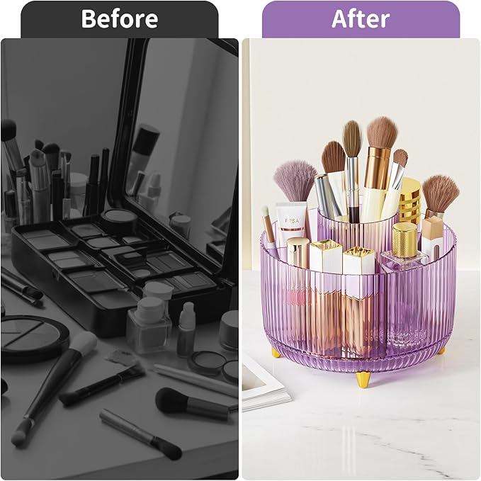 Clear Rotating Makeup Organizer Countertop for Vanity, 360?? Makeup Brush Holder Organizer with 5 Compartments, Transparent Cosmetic Storage for Lipstick, Skincare, Bathroom Counter(Transparent Purple)