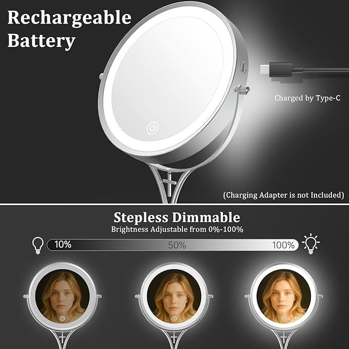 1x/10x Magnifying Mirror with 3 Color Lights and Cross Dangle Charm, 7" Lighted Makeup Mirror with Magnification, Height Adjustable Vanity Mirror, Birthday Christian Gifts for Women, Chrome