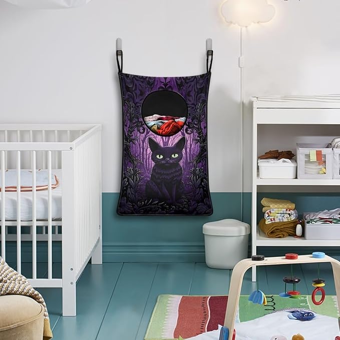 ZOUTAIRONG Halloween Black Cat Hanging Laundry Hamper Laundry Bag Washable Dirty Hamper for Clothes Large Laundry Basket Toys Storage Organizers for Home Bedroom Bathroom Purple