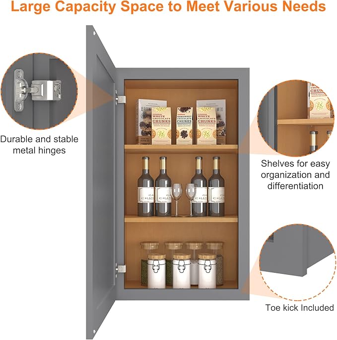 ROOMTEC Wood Wall Cabinet,RTA Single Door Medicine Cabinet with Adjustable Shelves and Soft-Close Door for Kitchen, Bathroom, and Laundry. 12" D*21" W*36" H, Shaker Grey