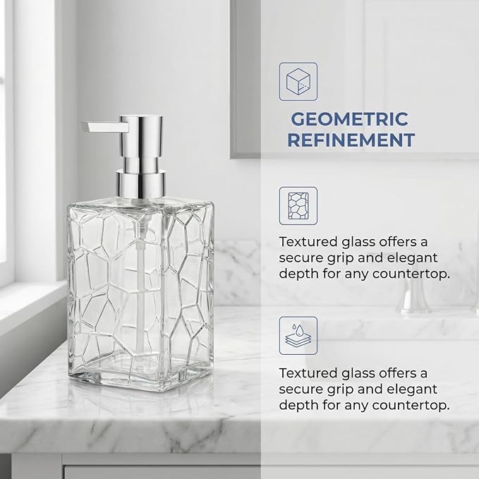 Clear Glass Soap Dispenser with Pump Geometric Texture Refillable Decorative Hand Soap Dispenser for Bathroom Kitchen Countertop