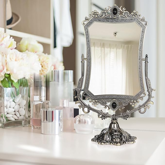 JUXYES Metal Tabletop Antique Decorative Makeup Mirror with Stand, Vintage 360° Swivel Double Sided Cosmetic Mirror with Frame, Retro Desktop Dressing Mirror Magic Mirror for Dresser