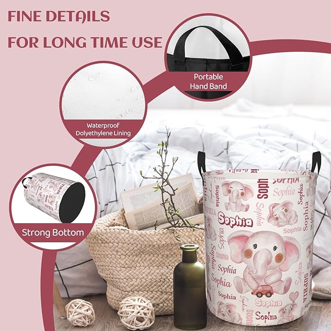 Custom name Laundry Hamper, Customizable Elephant Laundry Hampers, Personalized Elephant laundry basket, Customized Dirty Clothes Hamper with name for Bedroom Bathroom Barbershop Living Room