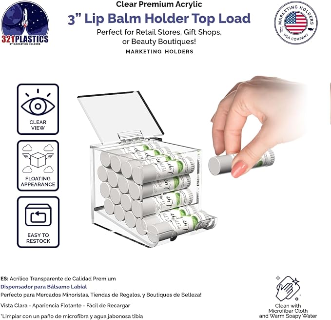 Marketing Holders Clear Acrylic Lip Balm Dispenser Retail or Home Freestanding Countertop Display with Hinged Lid for Lipsticks Glosses Chapsticks or Essential Oils