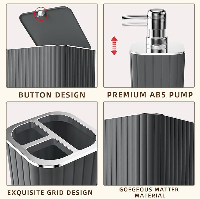 XLHOMO Bathroom Accessories Set- 25PC Grey Bathroom Set, Bathroom Set with Shower Curtain and Rugs, Shower Curtain Set, Toilet Brush, Trash Can, Qtip Holder Dispenser & Soap Dispenser