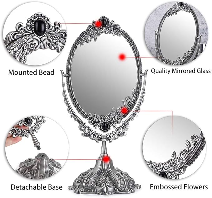 JUXYES Metal Tabletop Antique Decorative Makeup Mirror with Stand, Vintage Swivel Double Sided Cosmetic Mirror with Frame, Retro Desktop Oval Dressing Mirror for Bathroom Bedroom