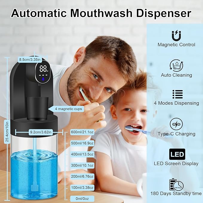 Automatic Mouthwash Dispenser for Bathroom, 20.29 oz Touchless Smart Wall-Mounted Mouth Wash Dispensers, 4 Magnetic Cups, 4 Dispensing Modes, Hands-Free Bathroom Accessories for Home Kids Family-Black