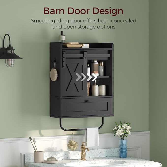 MAHANCRIS Bathroom Wall Cabinet, Farmhouse Medicine Cabinets with Sliding Door, Wall Mounted Storage Cabinet with Adjustable Shelf and Towel Bar, for Bathroom, Living Room, Kitchen, Black