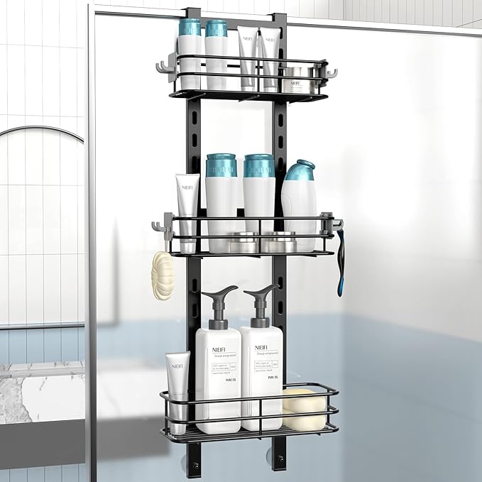 Nieifi Over The Door Shower Caddy Pantry Organizer Rack with Reliable Hooks, Sturdy Hanging Shower Organizer Shelf Basket Storage Rack, Bathroom Shelves Drill Free Extra Large, Black