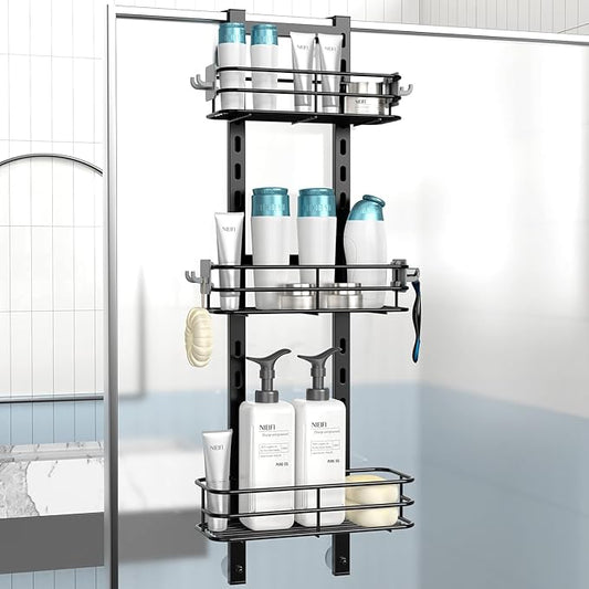 Nieifi Over The Door Shower Caddy Pantry Organizer Rack with Reliable Hooks, Sturdy Hanging Shower Organizer Shelf Basket Storage Rack, Bathroom Shelves Drill Free Extra Large, Black