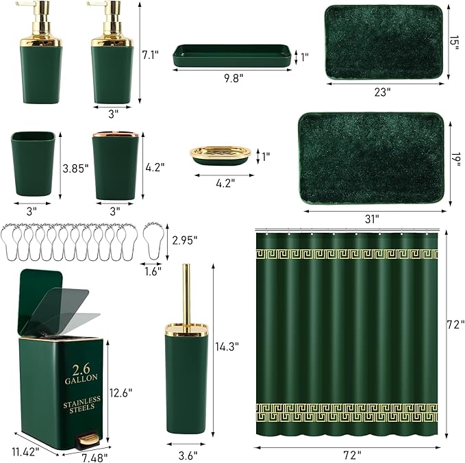 XLHOMO Bathroom Sets with Shower Curtain and Rugs Bathroom Accessories Set Hunter Green Bathroom Set,Soap Dispenser & Toilet Brush Holder Set with Stainless Steel Trash Can