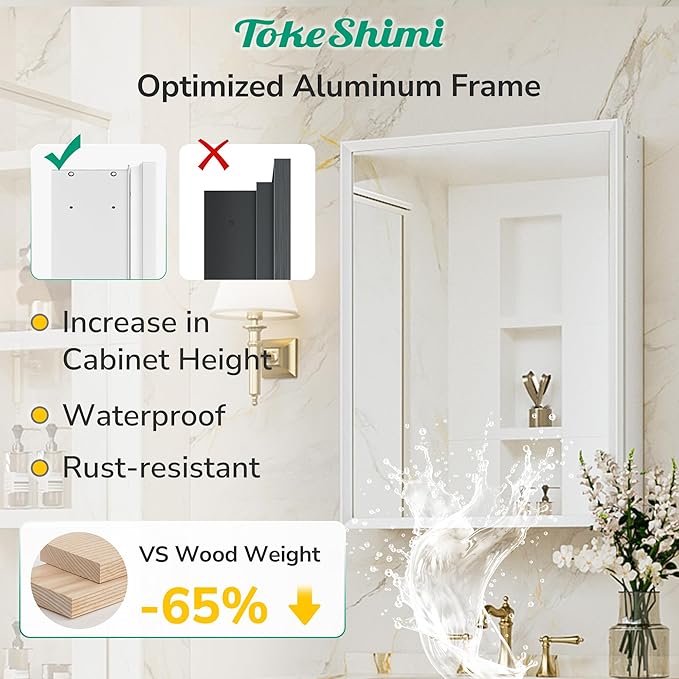 TokeShimi 30 x 26 White Recessed Medicine Cabinet with Mirror, Assembly Required, Bathroom Medicine Cabinet with Mirror, Stepless Adjustable Shelves, Beveled Aluminum Frame, DTC Hinge