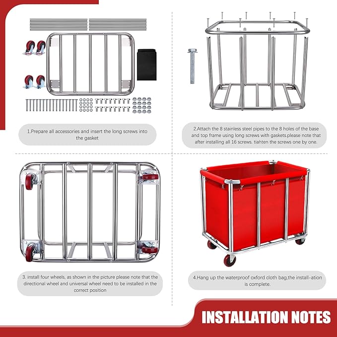 Commercial Laundry Cart with Wheels, 400L Large Rolling Laundry Cart with Steel Frame and Oxford Cloth, Heavy Duty Industrial Laundry Cart for Home,Hotel,Laundry Room, 441 lbs Load (Red-8)