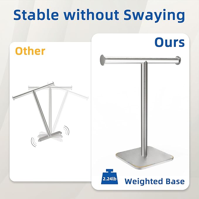 RUACQ T-Shape Hand Towel Holder Stand, 12inch Weighted Base Towel Rack, Countertop Towel Holder for Bathroom, 304 Stainless Steel, Heavy Duty (Brushed Nickel)