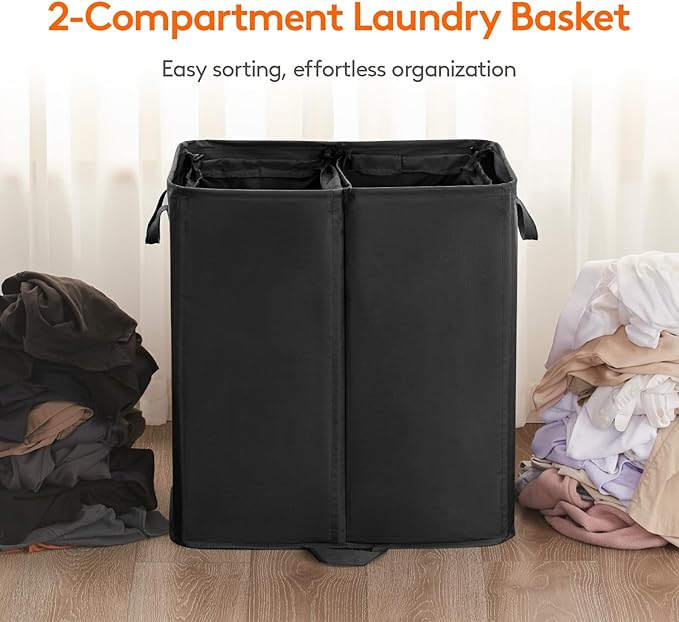 Lifewit 136L Double Laundry Hamper with Lid and Removable Laundry Bags, Large Divided Hamper, Collapsible 2 Section Laundry Basket with Handles for Bedroom, Bathroom, College Dorm, Laundry Room, Black